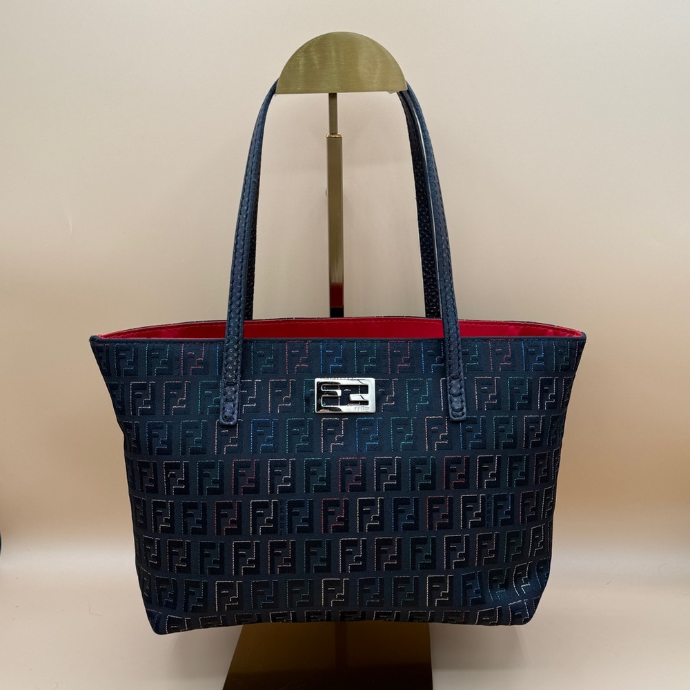 Fendi FF Jacquard Navy Mini Tote with Red Interior and Gold Plaque.
